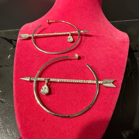 Bow and Arrow Silver Plate Large Hoops with Rhinestones - Picture 1 of 4